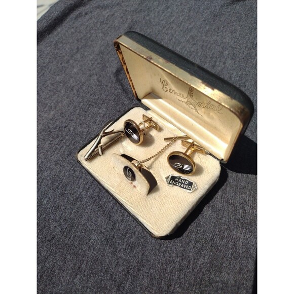 Vintage Continental Hand Engraved Men's Gold & Black Cufflinks Set - Cuff Links - Picture 3 of 5